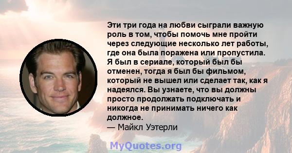 Эти три года на любви сыграли важную роль в том, чтобы помочь мне пройти через следующие несколько лет работы, где она была поражена или пропустила. Я был в сериале, который был бы отменен, тогда я был бы фильмом,