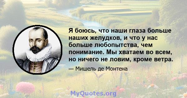 Я боюсь, что наши глаза больше наших желудков, и что у нас больше любопытства, чем понимание. Мы хватаем во всем, но ничего не ловим, кроме ветра.