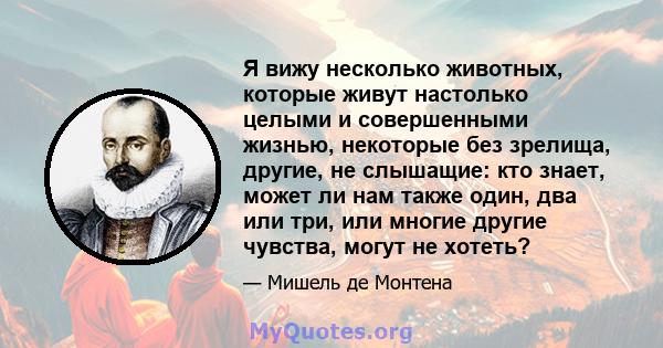 Я вижу несколько животных, которые живут настолько целыми и совершенными жизнью, некоторые без зрелища, другие, не слышащие: кто знает, может ли нам также один, два или три, или многие другие чувства, могут не хотеть?