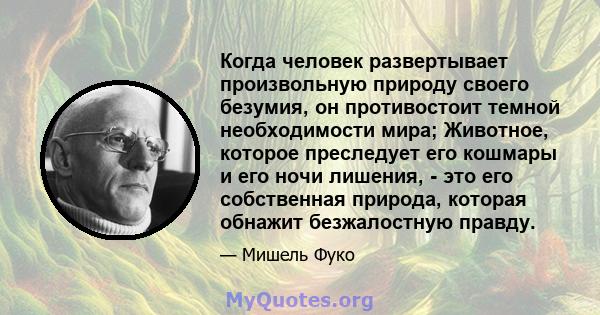 Когда человек развертывает произвольную природу своего безумия, он противостоит темной необходимости мира; Животное, которое преследует его кошмары и его ночи лишения, - это его собственная природа, которая обнажит