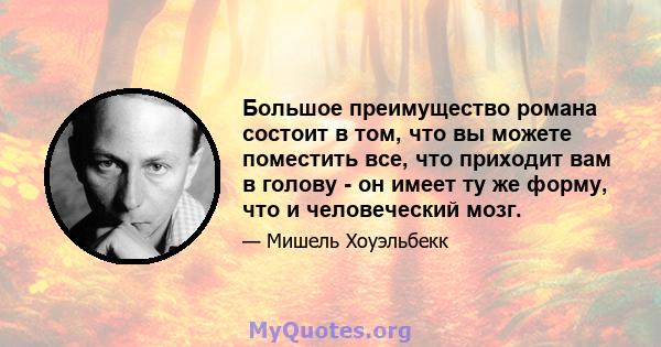 Большое преимущество романа состоит в том, что вы можете поместить все, что приходит вам в голову - он имеет ту же форму, что и человеческий мозг.