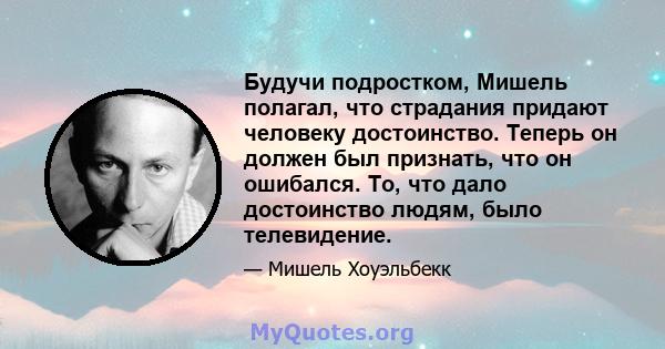 Будучи подростком, Мишель полагал, что страдания придают человеку достоинство. Теперь он должен был признать, что он ошибался. То, что дало достоинство людям, было телевидение.