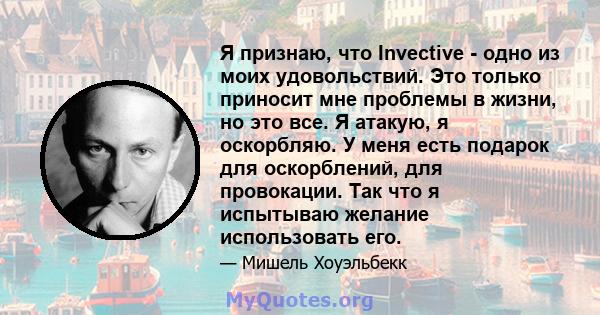 Я признаю, что Invective - одно из моих удовольствий. Это только приносит мне проблемы в жизни, но это все. Я атакую, я оскорбляю. У меня есть подарок для оскорблений, для провокации. Так что я испытываю желание