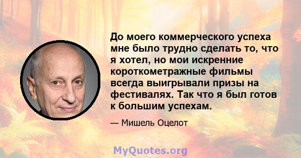 До моего коммерческого успеха мне было трудно сделать то, что я хотел, но мои искренние короткометражные фильмы всегда выигрывали призы на фестивалях. Так что я был готов к большим успехам.