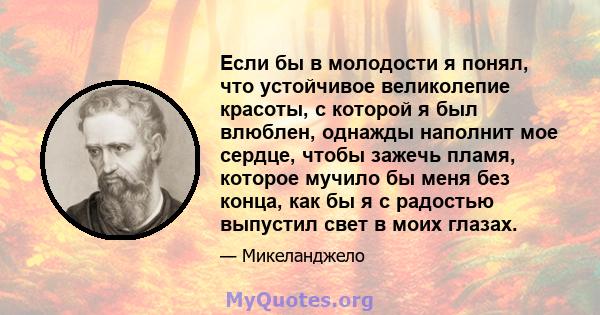 Если бы в молодости я понял, что устойчивое великолепие красоты, с которой я был влюблен, однажды наполнит мое сердце, чтобы зажечь пламя, которое мучило бы меня без конца, как бы я с радостью выпустил свет в моих