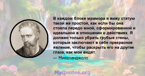 В каждом блоке мрамора я вижу статую такой же простой, как если бы она стояла передо мной, сформированной и идеальной в отношении и действиях. Я должен только убрать грубые стены, которые заключают в себе прекрасное