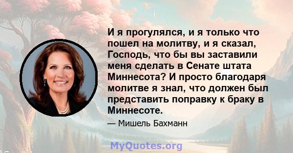 И я прогулялся, и я только что пошел на молитву, и я сказал, Господь, что бы вы заставили меня сделать в Сенате штата Миннесота? И просто благодаря молитве я знал, что должен был представить поправку к браку в Миннесоте.