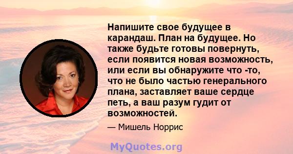 Напишите свое будущее в карандаш. План на будущее. Но также будьте готовы повернуть, если появится новая возможность, или если вы обнаружите что -то, что не было частью генерального плана, заставляет ваше сердце петь, а 