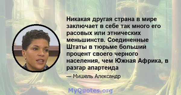 Никакая другая страна в мире заключает в себе так много его расовых или этнических меньшинств. Соединенные Штаты в тюрьме больший процент своего черного населения, чем Южная Африка, в разгар апартеида