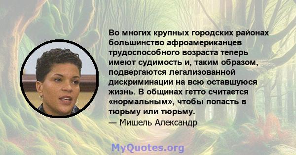 Во многих крупных городских районах большинство афроамериканцев трудоспособного возраста теперь имеют судимость и, таким образом, подвергаются легализованной дискриминации на всю оставшуюся жизнь. В общинах гетто