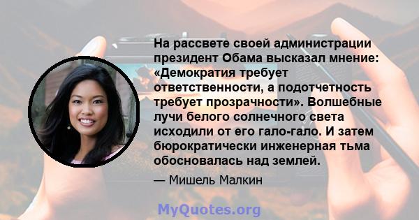 На рассвете своей администрации президент Обама высказал мнение: «Демократия требует ответственности, а подотчетность требует прозрачности». Волшебные лучи белого солнечного света исходили от его гало-гало. И затем