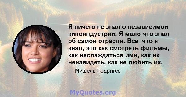 Я ничего не знал о независимой киноиндустрии. Я мало что знал об самой отрасли. Все, что я знал, это как смотреть фильмы, как наслаждаться ими, как их ненавидеть, как не любить их.