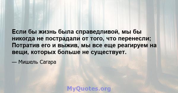 Если бы жизнь была справедливой, мы бы никогда не пострадали от того, что перенесли; Потратив его и выжив, мы все еще реагируем на вещи, которых больше не существует.