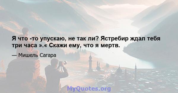 Я что -то упускаю, не так ли? Ястребир ждал тебя три часа ».« Скажи ему, что я мертв.