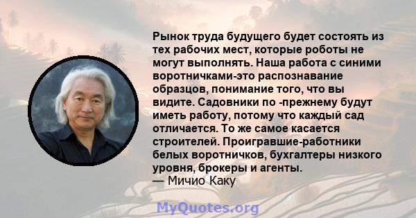 Рынок труда будущего будет состоять из тех рабочих мест, которые роботы не могут выполнять. Наша работа с синими воротничками-это распознавание образцов, понимание того, что вы видите. Садовники по -прежнему будут иметь 