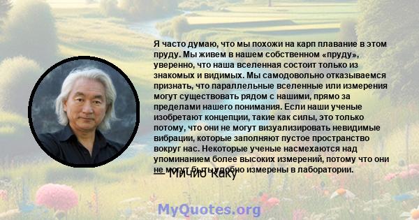 Я часто думаю, что мы похожи на карп плавание в этом пруду. Мы живем в нашем собственном «пруду», уверенно, что наша вселенная состоит только из знакомых и видимых. Мы самодовольно отказываемся признать, что