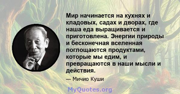 Мир начинается на кухнях и кладовых, садах и дворах, где наша еда выращивается и приготовлена. Энергии природы и бесконечная вселенная поглощаются продуктами, которые мы едим, и превращаются в наши мысли и действия.