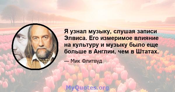 Я узнал музыку, слушая записи Элвиса. Его измеримое влияние на культуру и музыку было еще больше в Англии, чем в Штатах.