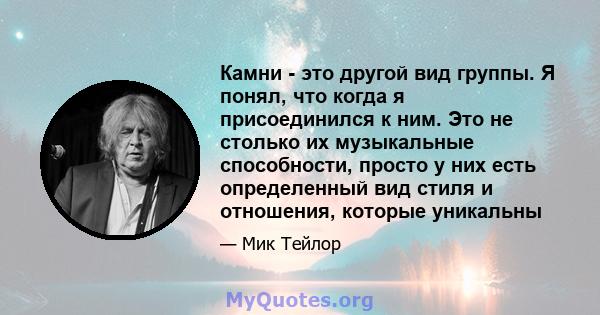 Камни - это другой вид группы. Я понял, что когда я присоединился к ним. Это не столько их музыкальные способности, просто у них есть определенный вид стиля и отношения, которые уникальны