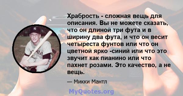 Храбрость - сложная вещь для описания. Вы не можете сказать, что он длиной три фута и в ширину два фута, и что он весит четыреста фунтов или что он цветной ярко -синий или что это звучит как пианино или что пахнет