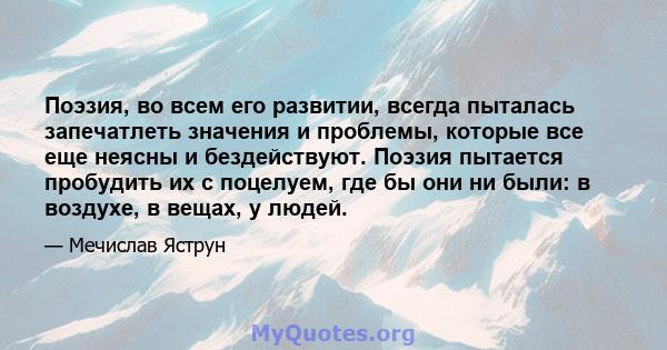 Поэзия, во всем его развитии, всегда пыталась запечатлеть значения и проблемы, которые все еще неясны и бездействуют. Поэзия пытается пробудить их с поцелуем, где бы они ни были: в воздухе, в вещах, у людей.