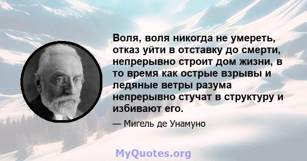 Воля, воля никогда не умереть, отказ уйти в отставку до смерти, непрерывно строит дом жизни, в то время как острые взрывы и ледяные ветры разума непрерывно стучат в структуру и избивают его.