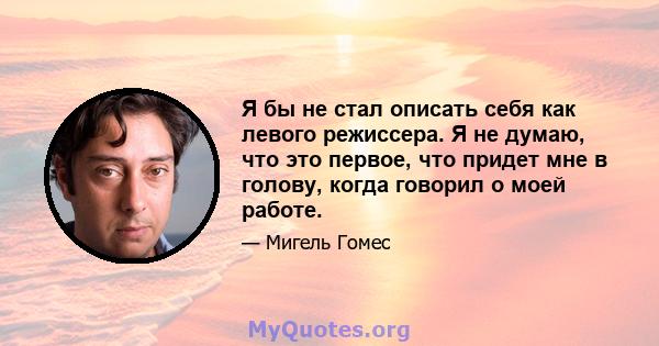 Я бы не стал описать себя как левого режиссера. Я не думаю, что это первое, что придет мне в голову, когда говорил о моей работе.