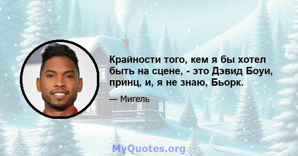 Крайности того, кем я бы хотел быть на сцене, - это Дэвид Боуи, принц, и, я не знаю, Бьорк.