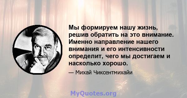 Мы формируем нашу жизнь, решив обратить на это внимание. Именно направление нашего внимания и его интенсивности определит, чего мы достигаем и насколько хорошо.