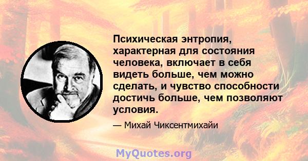 Психическая энтропия, характерная для состояния человека, включает в себя видеть больше, чем можно сделать, и чувство способности достичь больше, чем позволяют условия.