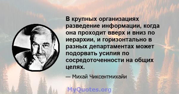 В крупных организациях разведение информации, когда она проходит вверх и вниз по иерархии, и горизонтально в разных департаментах может подорвать усилия по сосредоточенности на общих целях.