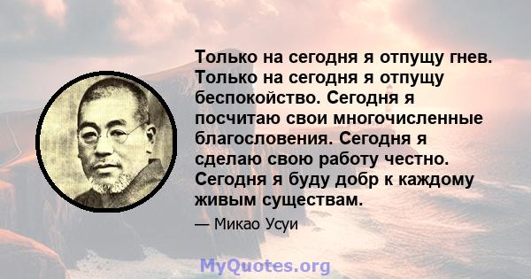 Только на сегодня я отпущу гнев. Только на сегодня я отпущу беспокойство. Сегодня я посчитаю свои многочисленные благословения. Сегодня я сделаю свою работу честно. Сегодня я буду добр к каждому живым существам.