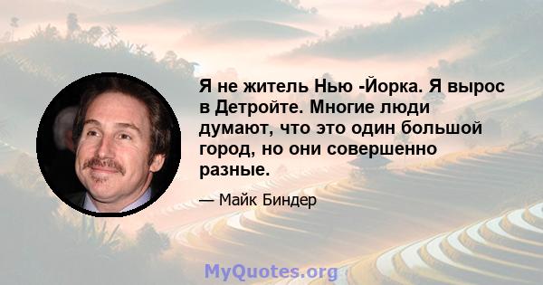 Я не житель Нью -Йорка. Я вырос в Детройте. Многие люди думают, что это один большой город, но они совершенно разные.