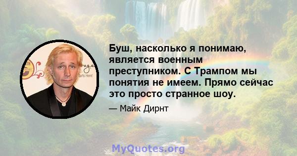 Буш, насколько я понимаю, является военным преступником. С Трампом мы понятия не имеем. Прямо сейчас это просто странное шоу.