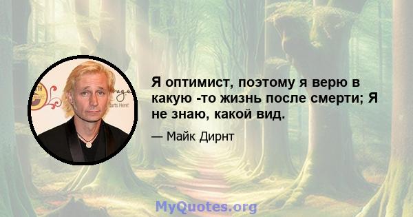 Я оптимист, поэтому я верю в какую -то жизнь после смерти; Я не знаю, какой вид.