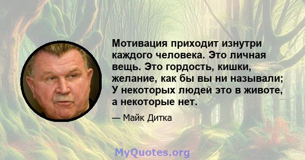 Мотивация приходит изнутри каждого человека. Это личная вещь. Это гордость, кишки, желание, как бы вы ни называли; У некоторых людей это в животе, а некоторые нет.