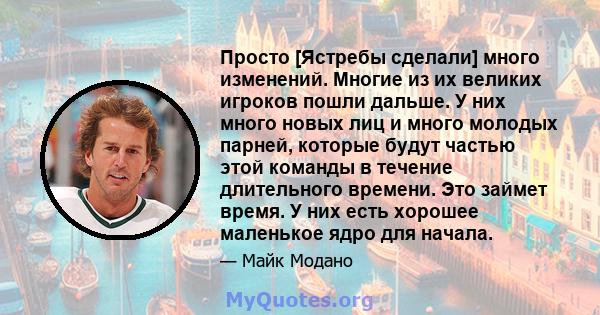 Просто [Ястребы сделали] много изменений. Многие из их великих игроков пошли дальше. У них много новых лиц и много молодых парней, которые будут частью этой команды в течение длительного времени. Это займет время. У них 