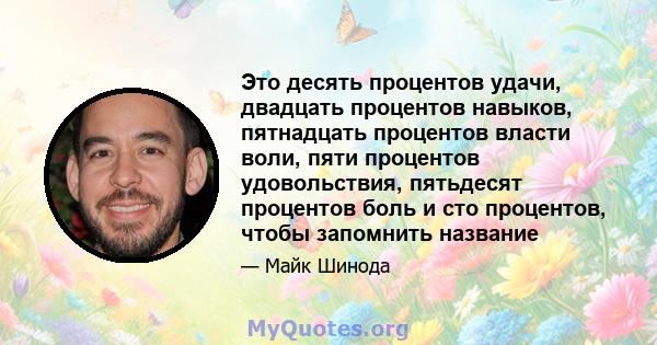 Это десять процентов удачи, двадцать процентов навыков, пятнадцать процентов власти воли, пяти процентов удовольствия, пятьдесят процентов боль и сто процентов, чтобы запомнить название