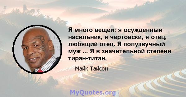 Я много вещей: я осужденный насильник, я чертовски, я отец, любящий отец. Я полузвучный муж ... Я в значительной степени тиран-титан.