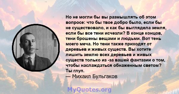 Но не могли бы вы размышлять об этом вопросе: что бы твое добро было, если бы не существовало, и как бы выглядела земля, если бы все тени исчезли? В конце концов, тени брошены вещами и людьми. Вот тень моего меча. Но