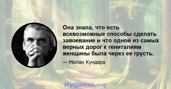 Она знала, что есть всевозможные способы сделать завоевание и что одной из самых верных дорог к гениталиям женщины была через ее грусть.