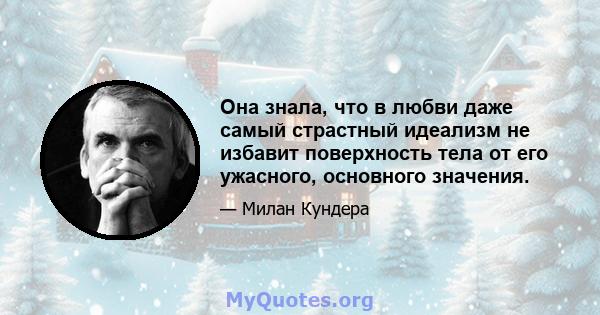 Она знала, что в любви даже самый страстный идеализм не избавит поверхность тела от его ужасного, основного значения.