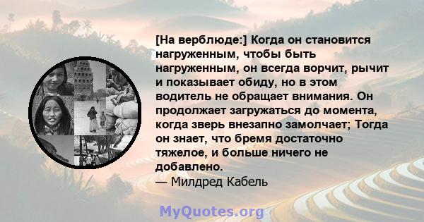 [На верблюде:] Когда он становится нагруженным, чтобы быть нагруженным, он всегда ворчит, рычит и показывает обиду, но в этом водитель не обращает внимания. Он продолжает загружаться до момента, когда зверь внезапно