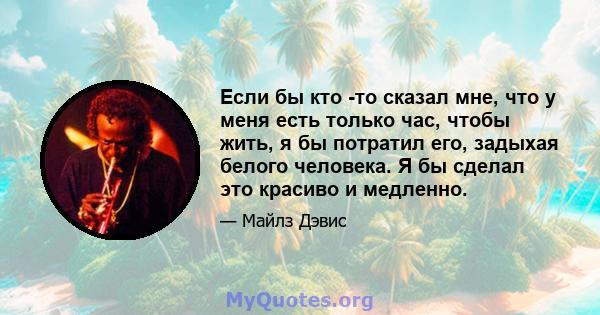 Если бы кто -то сказал мне, что у меня есть только час, чтобы жить, я бы потратил его, задыхая белого человека. Я бы сделал это красиво и медленно.