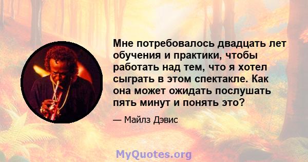 Мне потребовалось двадцать лет обучения и практики, чтобы работать над тем, что я хотел сыграть в этом спектакле. Как она может ожидать послушать пять минут и понять это?