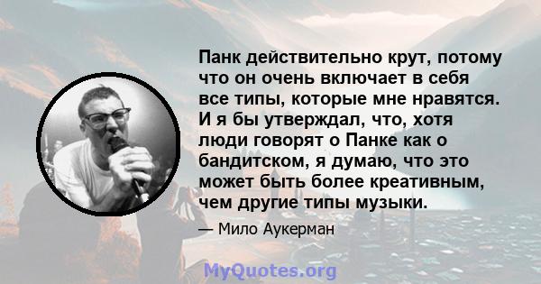 Панк действительно крут, потому что он очень включает в себя все типы, которые мне нравятся. И я бы утверждал, что, хотя люди говорят о Панке как о бандитском, я думаю, что это может быть более креативным, чем другие