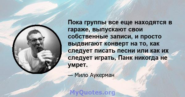 Пока группы все еще находятся в гараже, выпускают свои собственные записи, и просто выдвигают конверт на то, как следует писать песни или как их следует играть, Панк никогда не умрет.