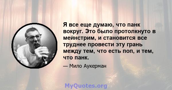 Я все еще думаю, что панк вокруг. Это было протолкнуто в мейнстрим, и становится все труднее провести эту грань между тем, что есть поп, и тем, что панк.