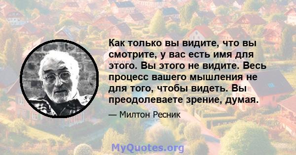 Как только вы видите, что вы смотрите, у вас есть имя для этого. Вы этого не видите. Весь процесс вашего мышления не для того, чтобы видеть. Вы преодолеваете зрение, думая.