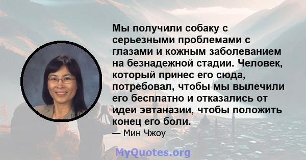 Мы получили собаку с серьезными проблемами с глазами и кожным заболеванием на безнадежной стадии. Человек, который принес его сюда, потребовал, чтобы мы вылечили его бесплатно и отказались от идеи эвтаназии, чтобы